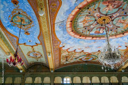 Mysore, Karnataka, India - November 25th 2018 : Beautiful decorated interior ceiling of the Durbar or audience hall inside the royal Mysore Palace. A very famous tourist attraction. photo