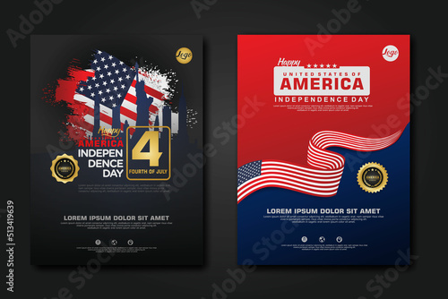 Set poster design united states of America happy Independence Day background template