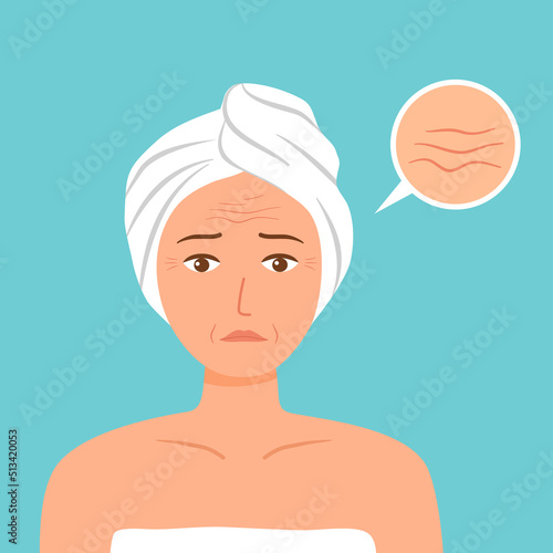 Woman face wrinkles problem concept vector illustration.