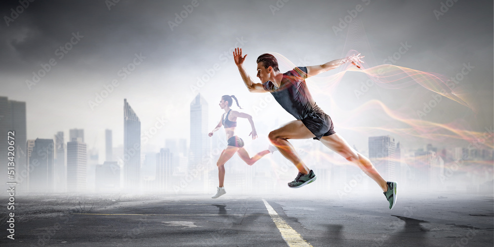Man in sportwear running . Mixed media