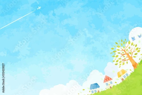 木と町並みと青空の風景イラスト