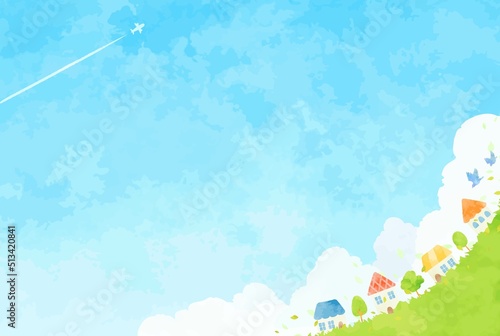 町並みと青空の風景イラスト