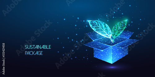 Concept of sustainable biodegradable packaging with open box and green leaves in futuristic style