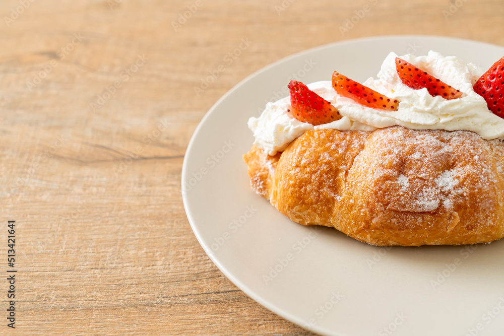 strawberry fresh cream croissant on plate strawberry fresh cream croissant on plate