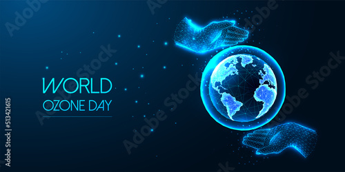 World Ozone Day concept banner with hands caring for planet Earth and ozone layer on blue background