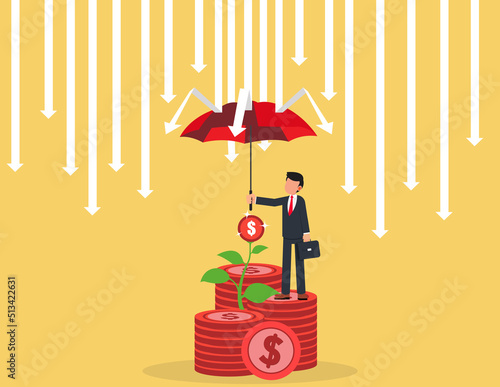 Protection. Businessman with umbrella red protecting arrows rain in economy crisis or market crash