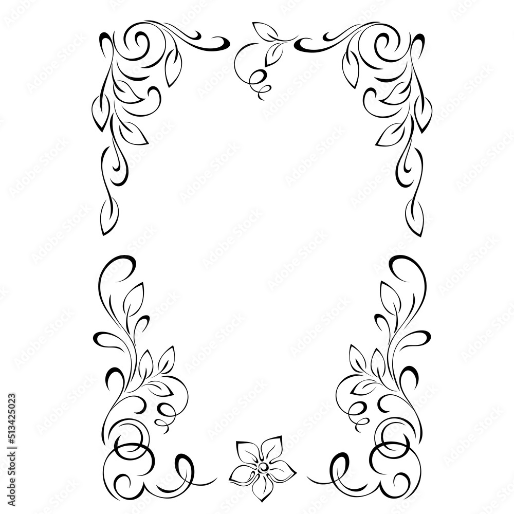 decorative frame with stylized flowers on stems with leaves and vignettes in black lines on a white background