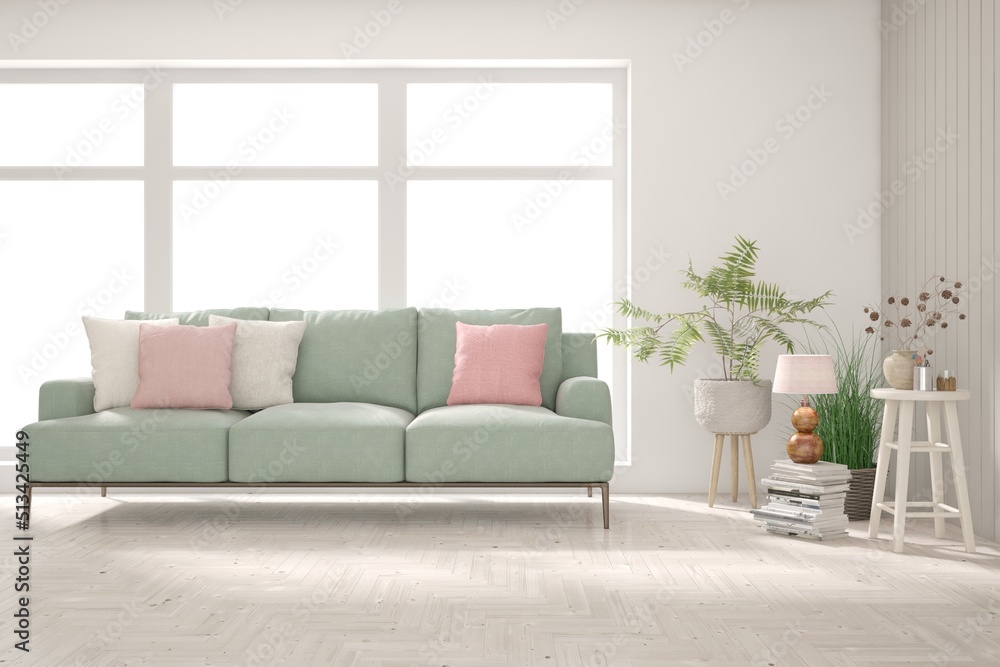 Stylish room in white color with sofa. Scandinavian interior design. 3D illustration Stylish room in white color with sofa. Scandinavian interior design. 3D illustration