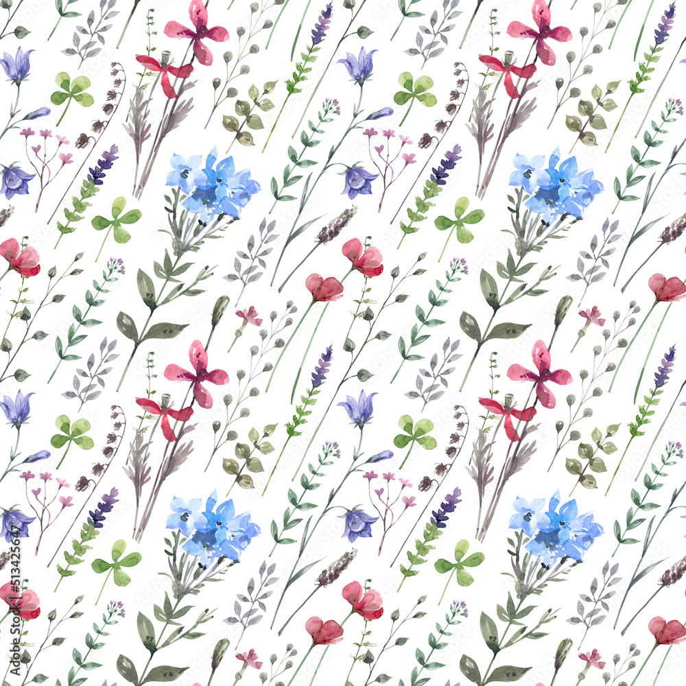 Watercolor hand painted seamless pattern with wild flowers and pink poppies. Floral rustic background. Nature illustration for wrapping paper, textile, decorations. Watercolor hand painted seamless pattern with wild flowers and pink poppies. Floral rustic background. Nature illustration for wrapping paper, textile, decorations.