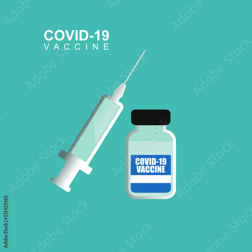 Coronavirus vaccine vector background. Covid-19 corona virus vaccination with vaccine bottle and syringe injection tool for covid19 immunization treatment. Vector illustration.