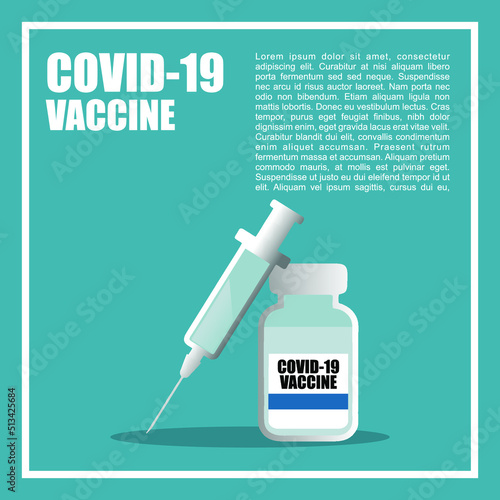 Coronavirus vaccine vector background. Covid-19 corona virus vaccination with vaccine bottle and syringe injection tool for covid19 immunization treatment. Vector illustration.