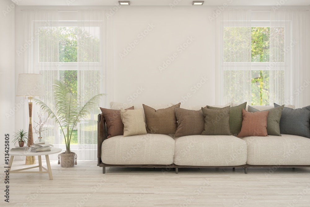 White living room with sofa and summer landscape in window. Scandinavian interior design. 3D illustration White living room with sofa and summer landscape in window. Scandinavian interior design. 3D illustration