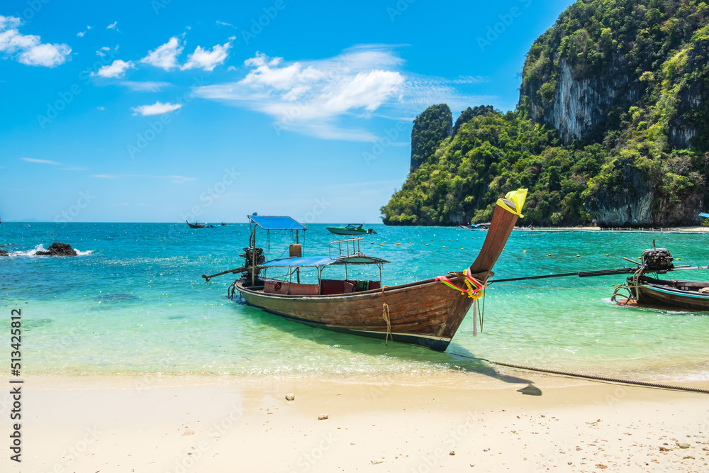 longtail boat on Hong island, Krabi, Thailand. landmark, destination Southeast Asia Travel, vacation and holiday concept longtail boat on Hong island, Krabi, Thailand. landmark, destination Southeast Asia Travel, vacation and holiday concept