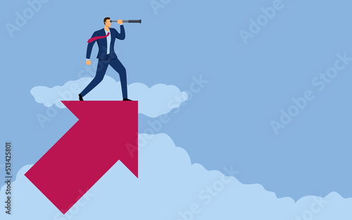 Businessman using telescope on top of arrow symbol