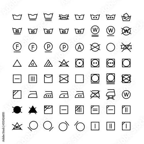 Laundry line icons. Dryer, Washing machine and dirt shirt. Laundromat, hand washing, soap bubbles in basin icons. Dry t-shirt, laundry service, dirty smudge spot. Clean clothes. Vector