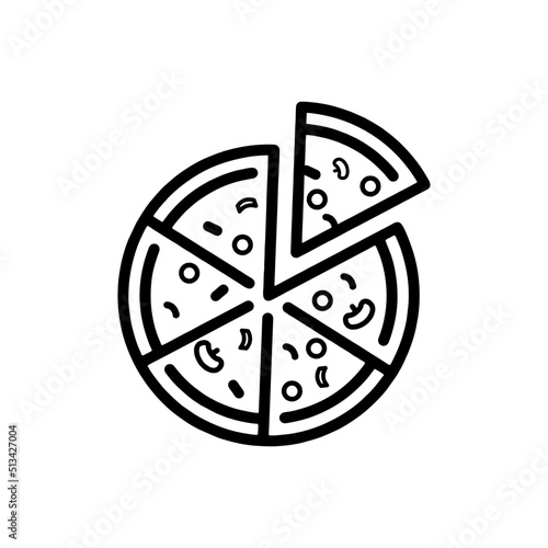 Pizza with one slice separated linear icon. Thin line illustration. Contour symbol. Vector isolated outline drawing. Editable stroke