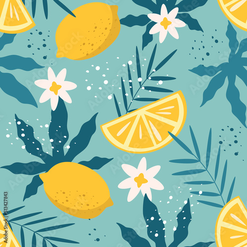 vector seamless summer pattern with tropical leaves, and lemons