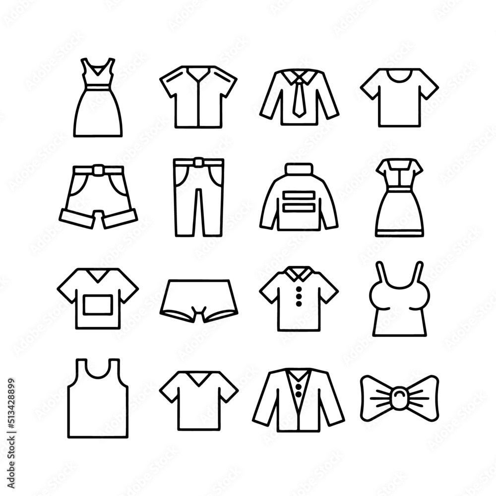 Women casual clothes, linear icon set Women casual clothes, linear icon set