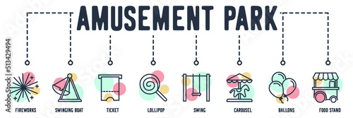Amusement Park banner web icon. fireworks, swinging boat, ticket, lollipop, swing, carousel, ballons, street food vector illustration concept.