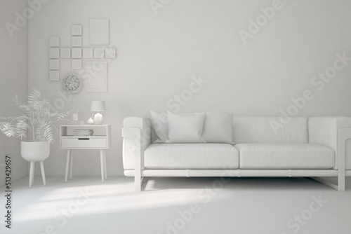 White minimalist living room with sofa. Scandinavian interior design. 3D illustration