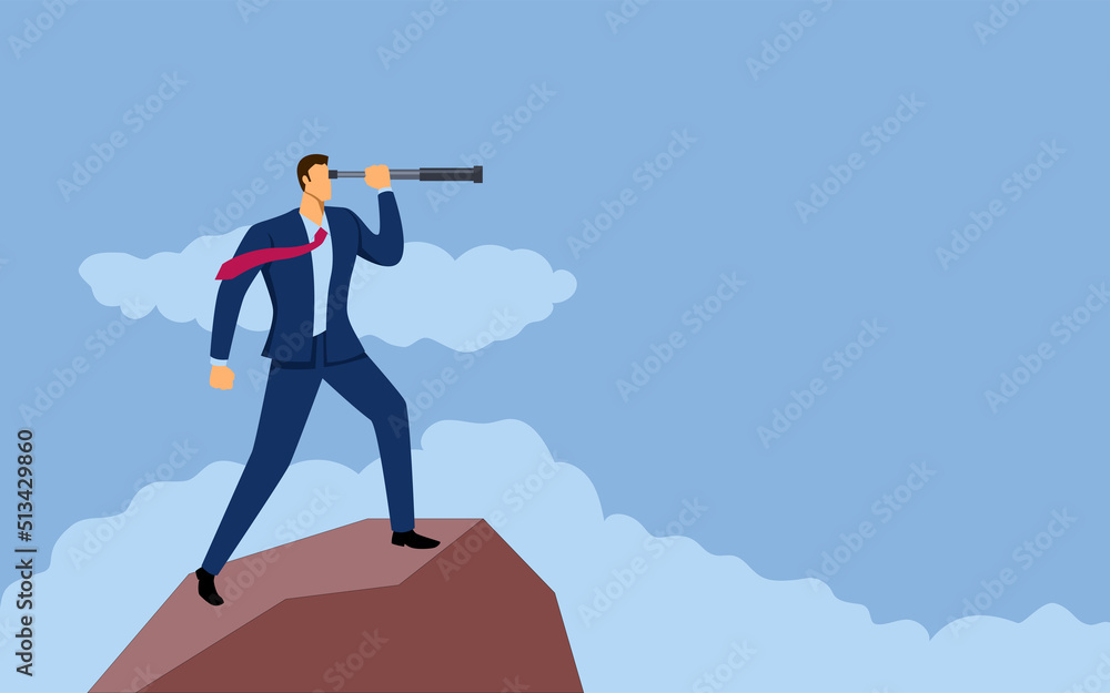 Businessman holding telescope on top of a mountain Businessman holding telescope on top of a mountain