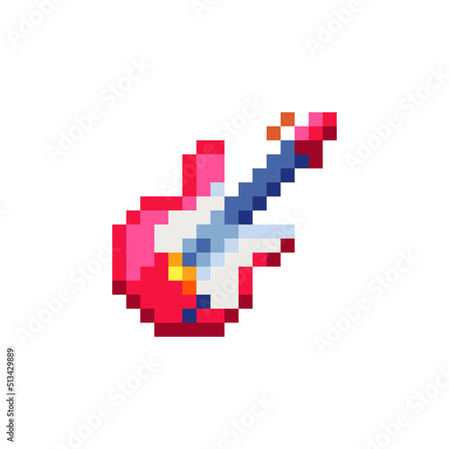 Guitar musical instrument pixel art icon. Isolated vector illustration. 8-bit sprite. Design stickers, logo, mobile app.
