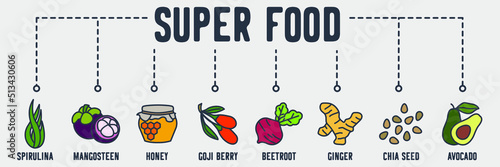 Super Food banner web icon. spirulina, mangosteen, honey, goji berry, beetroot, ginger, chia seed, avocado vector illustration concept.