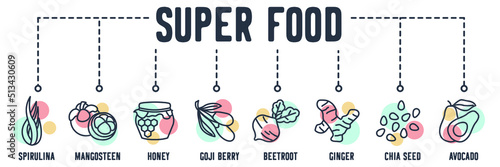 Super Food banner web icon. spirulina, mangosteen, honey, goji berry, beetroot, ginger, chia seed, avocado vector illustration concept.