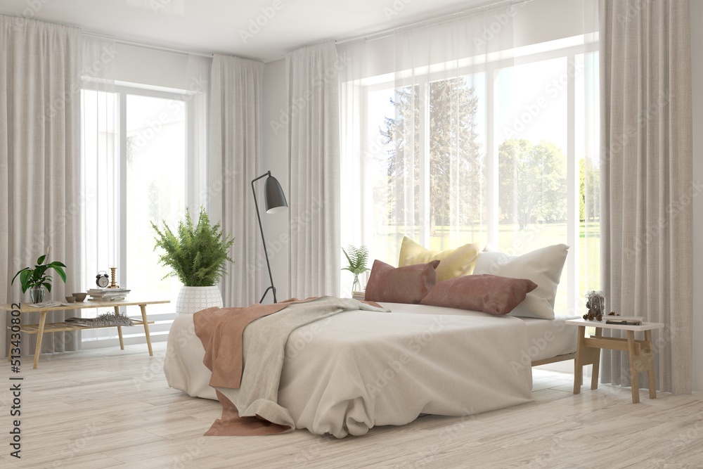 White bedroom interior. Scandinavian design. 3D illustration White bedroom interior. Scandinavian design. 3D illustration
