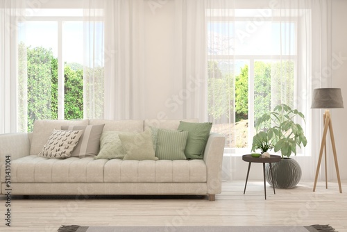 White living room with sofa and summer landscape in window. Scandinavian interior design. 3D illustration