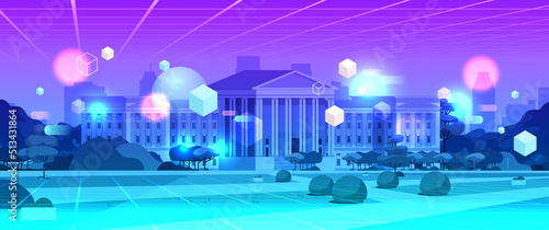 neon summer city park town building with columns view through VR glasses metaverse virtual reality technology vector Illustration