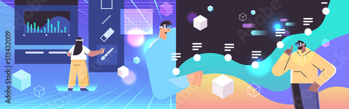 designers in digital glasses drawing in graphic editor creating website user interface vr vision headset innovation metaverse