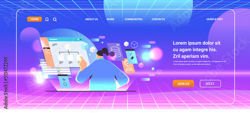 businesswoman analyzing virtual infographic girl exploring virtual reality vision headset innovation metaverse concept