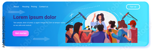 businesswoman or politician giving speech interview to journalists with microphones business conference concept