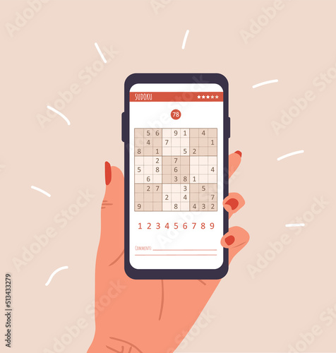 Sudoku game. Woman holding smartphone with crossword puzzle. Learning and leisure concept. Task for development of logical thinking and training brain. Vector illustration in flat cartoon style.