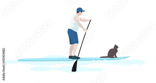 Man and cat standing on sup board floating in sea in sunny day. Tourist learning to paddle and balance on paddle board.