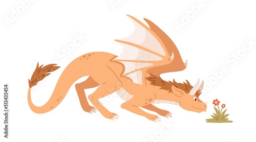 Cute fairy dragon. Fairytale dinosaur smelling flowers. Adorable baby animal, dino. Fantasy magic mythical friendly monster character. Childish flat vector illustration isolated on white background