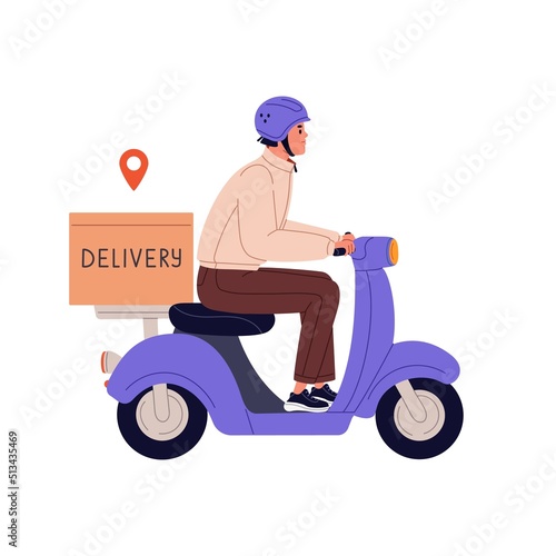 Delivery man on bike with food box. Courier driving motor transport, moped. Deliveryman riding motorcycle, scooter. Takeaway pizza deliverer. Flat vector illustration isolated on white background