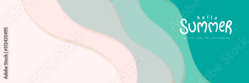 Blue sea and beach summer banner background with abstract ripple paper cut style