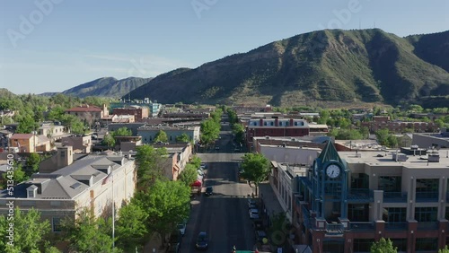 Low flying aerial view over downtown Durango, Colorado photo