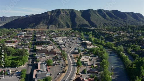 Aerial view of downtown Durango Colorado alongside the Animas river