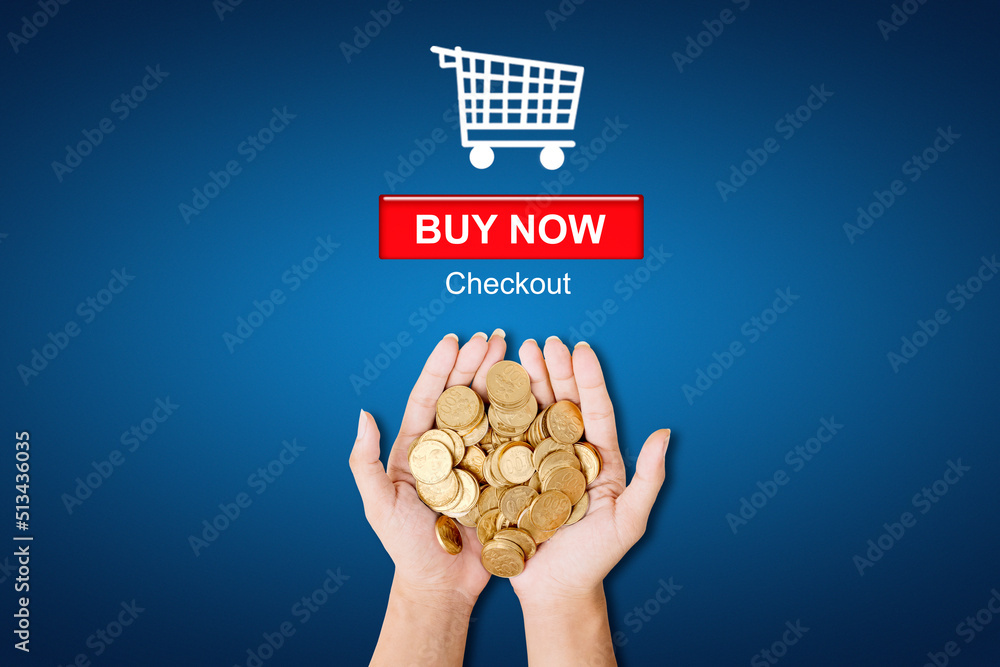 Obraz premium Woman hands holding many coins while shopping
