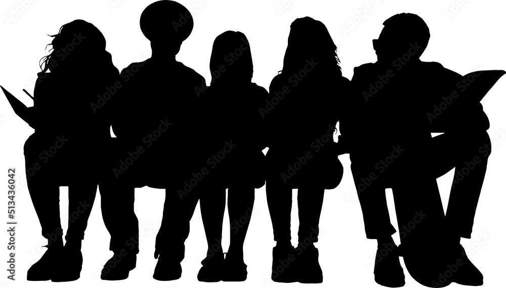 Group of friends sitting in row silhouette, line art illustration of group of people sitting pose Group of friends sitting in row silhouette, line art illustration of group of people sitting pose