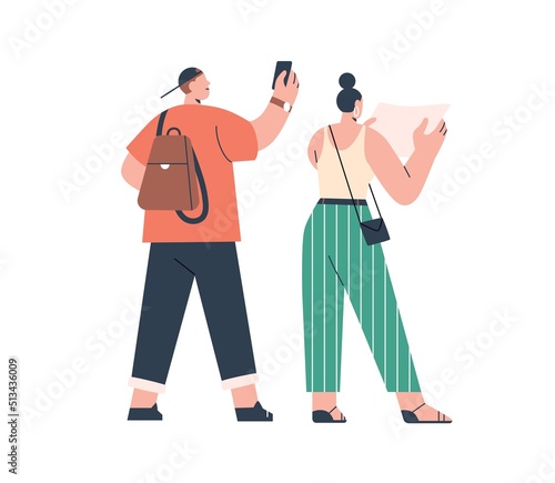 Tourists couple with map and mobile phone during summer holiday travel. Back of travelers man and woman going sightseeing on summertime vacation. Flat vector illustration isolated on white background