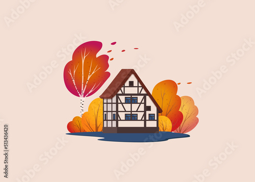 A beautiful half-timbered house is surrounded by bushes and trees. Autumn scene. Vector illustration