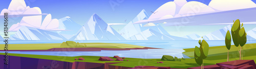 Summer landscape with lake, green fields and mountains. Vector cartoon illustration of nature panorama with river or sea strait with blue water, trees and white rocks on horizon