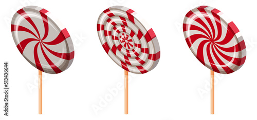 Set of Lollipop Swirl Candy Spiral Isometric. Sweet spiral striped caramel, on stick, vector cartoon style