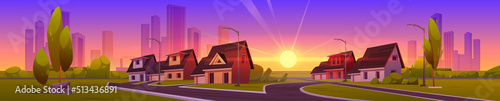 Panorama of suburb district with houses, road, city buildings and sun on horizon at sunset. Vector cartoon illustration of suburban street with cottages, garages, green trees and grass in evening