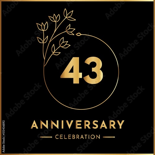 43 years anniversary celebration with golden floral frame isolated on white background. Creative design for happy birthday, wedding, ceremony, event party, marriage, and greeting card.