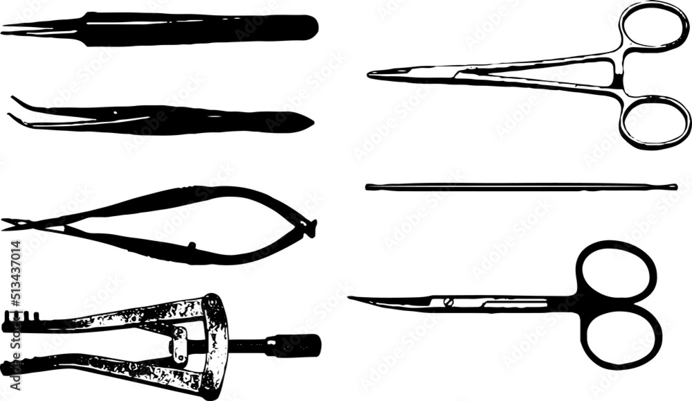 Surgical instruments silhouette, line art illustration of surgical items Surgical instruments silhouette, line art illustration of surgical items